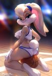  1girl animal_ears ball bare_legs basketball bunny_tail crop_top furry gloves lola_bunny looking_at_viewer looking_back looney_tunes popodunk rabbit_ears rabbit_girl solo space_jam tail white_gloves 