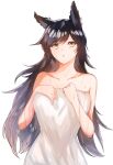  1girl animal_ears atago_(azur_lane) azur_lane bare_shoulders black_hair breasts highres large_breasts long_hair naked_towel simple_background solo spicyy towel white_apron white_background yellow_eyes 