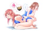 2girls barefoot blue_swimsuit brown_eyes brown_hair clenched_teeth commentary_request competition_swimsuit food full_body highres long_hair macosee multiple_girls one-piece_swimsuit open_mouth original seiza shaved_ice shrimp shrimp_tempura simple_background sitting speech_bubble squatting stomach_ache stomachache swimsuit tears teeth tempura white_background 