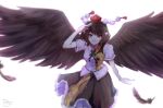 1girl bird_wings black_hair black_shirt black_wings bloom breasts feathered_wings feathers feet_out_of_frame grin hand_up hat looking_at_viewer pointy_ears pom_pom_(clothes) puffy_short_sleeves puffy_sleeves red_eyes red_headwear shameimaru_aya shirt short_hair short_sleeves simple_background small_breasts smile solo tassel tokin_hat touhou white_background white_shirt wings yipapple 
