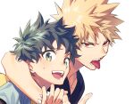  2boys arm_around_neck bakugou_katsuki bangs black_shirt blonde_hair boku_no_hero_academia freckles green_eyes hegi highres looking_at_viewer male_focus midoriya_izuku multiple_boys open_mouth red_eyes shirt short_hair short_sleeves spiky_hair sweatdrop teeth tongue tongue_out upper_body v-neck 