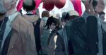  6+boys :d balloon bangs black_hair brown_coat checkered checkered_scarf coat collared_shirt commentary_request dangan_ronpa_(series) dangan_ronpa_v3:_killing_harmony earphones from_side grey_hair grey_sweater hair_between_eyes hat highres holding holding_balloon iumi_urura jacket long_sleeves looking_at_viewer male_focus mask mouth_mask multiple_boys necktie open_clothes open_jacket open_mouth ouma_kokichi outdoors people scarf shirt short_hair smile solo_focus straitjacket sweater upper_teeth violet_eyes 