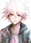  1boy :d a_po_(liuxiaobo0413) bangs blush collarbone dangan_ronpa_(series) dangan_ronpa_2:_goodbye_despair gradient gradient_background green_eyes green_jacket grey_background grey_shirt hair_between_eyes highres hood hood_down hooded_jacket jacket komaeda_nagito looking_at_viewer male_focus messy_hair open_mouth portrait shirt smile solo upper_body white_hair 