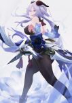 1girl bare_shoulders black_legwear bow_(weapon) breasts chinese_commentary closed_mouth commentary_request detached_sleeves ganyu_(genshin_impact) genshin_impact goat_horns highres horns light_blue_hair long_hair low_ponytail medium_breasts pantyhose solo violet_eyes weapon zhenxuankuang 
