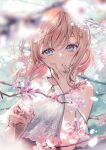  1girl bare_shoulders blonde_hair blue_eyes blurry blurry_foreground blush cherry_blossoms closed_mouth finger_in_mouth flower food hair_ornament hairclip highres holding holding_food ice_cream_cone kagawa_ichigo looking_at_viewer medium_hair nail_polish original petals shirt solo tree tree_branch white_shirt 