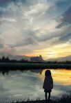  1girl absurdres clouds cloudy_sky highres house kgt_(pixiv12957613) lake miniskirt original outdoors reflection scarf scenery skirt sky sunset 