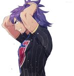  1boy adjusting_hair arms_up bangs champion_uniform clenched_teeth commentary_request dark_skin dark_skinned_male facial_hair leon_(pokemon) long_hair male_focus pokemon pokemon_(game) pokemon_swsh purple_hair shirt short_sleeves simple_background solo teeth upper_body wet white_background wristband y_(036_yng) yellow_eyes 