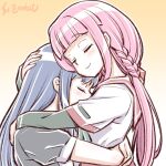  2girls artist_name blue_hair braid closed_eyes hand_on_another&#039;s_head hug long_hair low_ponytail magia_record:_mahou_shoujo_madoka_magica_gaiden mahou_shoujo_madoka_magica multiple_girls nanami_yachiyo pink_hair smile studiozombie tamaki_iroha yuri 