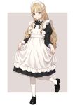 1girl absurdres alternate_costume apron blonde_hair curtsey dress enmaided eyebrows_visible_through_hair highres irise long_hair long_sleeves looking_at_viewer maid maid_apron maid_headdress mary_janes nijisanji pinafore_dress shoes simple_background sister_cleaire smile solo standing standing_on_one_leg virtual_youtuber white_legwear yellow_eyes 
