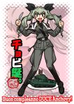  1girl :d anchovy_(girls_und_panzer) anzio_military_uniform bangs belt black_neckwear black_ribbon boots candle capelet carro_armato_p40 character_name closed_eyes commentary_request drill_hair eyebrows_visible_through_hair fork girls_und_panzer green_hair grey_pants ground_vehicle hair_ribbon happy_birthday highres holding holding_fork holding_knife italian_text knee_boots knife long_hair looking_at_viewer military military_vehicle motor_vehicle necktie oosaka_kanagawa open_mouth pants plate red_eyes ribbon sam_browne_belt smile solo standing tank translation_request twin_drills twintails white_capelet 