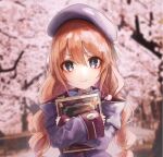  1girl absurdres beret blue_eyes blue_hair blurry blurry_background blush book bookmark cherry_blossoms closed_mouth eyebrows_visible_through_hair hair_between_eyes hat highres hiki_niito holding holding_book long_hair looking_at_viewer object_hug orange_hair outdoors princess_connect! princess_connect!_re:dive sleeves_past_wrists smile solo tree twintails uniform upper_body yellow_pupils yuni_(princess_connect!) 