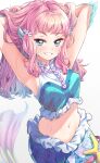  1girl arms_up blue_eyes blush breasts eyelashes grin hands_in_hair highres laura_(precure) lips looking_at_viewer medium_breasts mermaid midriff monster_girl navel pearl_hair_ornament pink_hair precure shiny shiny_hair smile solo tokunou_shoutarou tropical-rouge!_precure 