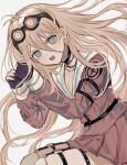  1girl :o antenna_hair barbed_wire black_choker black_gloves blonde_hair blue_eyes blush breasts choker collarbone dangan_ronpa_(series) dangan_ronpa_v3:_killing_harmony fingerless_gloves garter_straps gloves goggles goggles_on_head hair_between_eyes iruma_miu long_hair long_neck long_sleeves looking_at_viewer messy_hair nokoru_sora o-ring o-ring_bottom open_mouth over-kneehighs pink_shirt pleated_skirt sailor_collar school_uniform serafuku shirt shorts skirt solo thigh-highs thigh_strap upper_teeth very_long_hair 