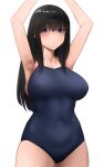  1girl arms_up bangs black_hair blue_eyes breasts covered_navel highres idolmaster idolmaster_cinderella_girls large_breasts long_hair looking_at_viewer one-piece_swimsuit sagisawa_fumika school_swimsuit senju_(snz0) simple_background solo swimsuit white_background 