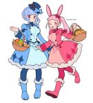  2girls ;d animal_ears bangs basket blue_dress blue_footwear blue_hair blue_headwear blue_legwear blunt_bangs blush boots bow braid breasts brown_eyes crown_braid do_m_kaeru dress easter fake_animal_ears fire_emblem fire_emblem:_three_houses full_body fur-trimmed_boots fur_trim hairband hat hat_bow hilda_valentine_goneril holding holding_basket large_breasts long_hair long_sleeves looking_at_viewer marianne_von_edmund multiple_girls one_eye_closed open_mouth pantyhose pink_dress pink_eyes pink_footwear pink_hair pink_legwear rabbit_ears smile standing top_hat twintails walking 