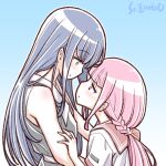  2girls artist_name blue_hair blush braid eye_contact hand_on_another&#039;s_arm height_difference long_hair looking_at_another low_ponytail magia_record:_mahou_shoujo_madoka_magica_gaiden mahou_shoujo_madoka_magica multiple_girls nanami_yachiyo pink_hair profile school_uniform serafuku shirt sleeveless sleeveless_shirt studiozombie tamaki_iroha yuri 