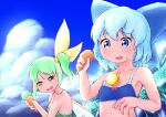  2girls alternate_costume artist_name bangs bare_shoulders bikini blue_bikini blue_hair blue_ribbon blue_sky blue_wings blush bow bow_bikini breasts child cirno clouds collarbone commentary_request crystal daiyousei dated day eyebrows_visible_through_hair fairy_wings female_pervert food food_on_body food_on_face frilled_bikini frills glint green_bikini green_eyes green_hair hair_ribbon half-closed_eyes hand_up hands_up happy holding holding_food ice ice_cream ice_cream_cone ice_wings katsura_dendou looking_at_another medium_breasts multiple_girls one_side_up open_mouth outdoors pervert ribbon shiny shiny_hair short_hair sidelocks signature sky small_breasts smile swimsuit tied_hair touhou upper_body wings yellow_ribbon 