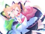  2girls blue_archive cat_ear_headphones cat_tail cheek-to-cheek green_eyes hair_ribbon halo headphones highres holding_hands jacket looking_at_viewer midori_(blue_archive) momoi_(blue_archive) multiple_girls red_eyes ribbon school_uniform shi0n_krbn siblings sidelocks smile tail thigh-highs twins twintails white_background 