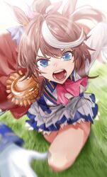  1girl animal_ears ascot blue_eyes blue_skirt brown_hair buttons commentary_request gloves grass high_ponytail highres horse_ears horse_girl jacket long_hair looking_at_viewer miniskirt motion_blur multicolored_hair open_mouth pink_neckwear running single_epaulette skirt solo speed_lines sweat tokai_teio_(umamusume) two-tone_hair umamusume white_gloves white_hair white_jacket white_skirt yuki_(asayuki101) 