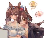  2girls :d animal_ears bangs bare_shoulders black_jacket blush breasts brown_eyes brown_hair brown_shirt cherry collarbone commentary_request crossed_arms daiwa_scarlet_(umamusume) eyebrows_visible_through_hair fang food frilled_shirt frills fruit hair_between_eyes hair_intakes hair_over_one_eye head_on_another&#039;s_shoulder highres horse_ears jacket large_breasts long_hair multicolored_hair multiple_girls off-shoulder_shirt off_shoulder open_clothes open_jacket open_mouth pancake pudding puffy_short_sleeves puffy_sleeves ryuuji_teitoku see-through shirt short_sleeves simple_background smile spoken_food stack_of_pancakes tiara twintails two-tone_hair umamusume upper_body very_long_hair vodka_(umamusume) white_background white_hair white_shirt 