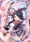  1girl akkijin armor black_hair blue_sky breasts cherry_blossoms floral_print hair_ribbon holding holding_weapon japanese_armor japanese_clothes lance looking_at_viewer medium_breasts official_art open_mouth petals polearm ponytail red_ribbon ribbon shinkai_no_valkyrie sky violet_eyes weapon 