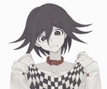  1boy animal_collar bangs black_eyes black_hair blush checkered checkered_scarf clenched_teeth collar collarbone dangan_ronpa_(series) dangan_ronpa_v3:_killing_harmony flipped_hair hair_between_eyes hands_up hhaharaa_(23454s) holding holding_clothes holding_scarf jacket long_sleeves male_focus ouma_kokichi pale_skin red_collar scarf scarf_removed short_hair simple_background sleeves_past_wrists solo sweatdrop teeth upper_body white_background white_jacket 