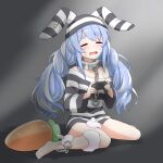  1girl animal_ears bangs bare_shoulders barefoot blue_hair blush breasts carrot_pillow chain closed_eyes commentary controller cuffs eyebrows_visible_through_hair felutiahime gradient gradient_background grey_background hat highres holding holding_controller hololive long_hair long_sleeves off_shoulder open_mouth pin prison_clothes rabbit_ears shackles shirt sitting small_breasts solo striped striped_headwear striped_shirt tears usada_pekora very_long_hair virtual_youtuber wariza 