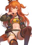  1girl animal_ears arm_support bangs black_ribbon blush breasts brown_eyes brown_hair brown_legwear commentary crop_top dog_tags ear_ribbon eyebrows_visible_through_hair feet_out_of_frame fur-trimmed_jacket fur_trim green_jacket hair_between_eyes hand_up highres horse_ears horse_girl horse_tail jacket knee_up long_hair long_sleeves looking_at_viewer mayano_top_gun_(umamusume) midriff navel one_eye_closed open_clothes open_jacket parted_lips rangen ribbon short_shorts shorts simple_background sitting small_breasts solo tail thigh-highs twintails two_side_up umamusume very_long_hair white_background white_shorts 