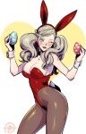  1girl animal_ears blonde_hair blue_eyes blush breasts brown_legwear bunny_tail cuff_links easter_egg egg eyebrows_visible_through_hair kukumomo pantyhose persona persona_5 playboy_bunny rabbit_ears simple_background solo_focus tail takamaki_anne twintails 
