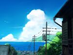  architecture blue_sky clouds commentary_request cumulonimbus_cloud day east_asian_architecture horizon mountain no_humans ocean original outdoors power_lines rooftop scenery seo_tatsuya sky summer transformer tree water 