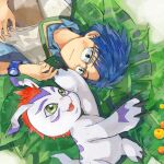  1boy black_eyes blue_hair blush digimon digimon_(creature) digimon_adventure: eye_contact get3 glasses gomamon green_eyes hand_up highres kido_jou leaf looking_at_another lying male_focus on_back open_mouth outdoors short_hair watch watch 