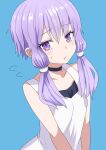  1girl bangs bare_arms bare_shoulders black_choker blue_background blush choker closed_mouth collarbone commentary_request dress eyebrows_visible_through_hair flying_sweatdrops hair_between_eyes highres kakan_(amka) long_hair looking_at_viewer purple_hair simple_background sleeveless sleeveless_dress solo sweat violet_eyes vocaloid voiceroid white_dress yuzuki_yukari 