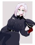 1girl epaulettes fate/type_redline fate_(series) green_eyes hat koha-ace looking_at_viewer major_reiter military military_hat military_uniform mole mole_under_mouth peaked_cap short_hair smile solo souta_(souta3a) uniform white_hair 