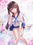  1girl animal apple_caramel bangs bird blue_eyes blue_sailor_collar blue_skirt blurry blurry_foreground breasts brown_hair commentary depth_of_field english_commentary eyebrows_visible_through_hair feet_out_of_frame hair_between_eyes hand_up head_tilt heart highres knees_together_feet_apart long_hair looking_at_viewer open_mouth original pleated_skirt rain sailor_collar school_uniform see-through serafuku shirt skirt small_breasts solo very_long_hair wet wet_clothes wet_shirt white_shirt 