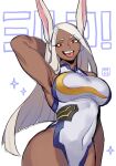  ! 1girl animal_ears arm_behind_back ass_visible_through_thighs boku_no_hero_academia breasts character_name dark_skin dark-skinned_female highleg highleg_leotard highres large_breasts leotard long_eyelashes long_hair looking_at_viewer mirko open_mouth rabbit_ears rabbit_girl red_eyes signature silver_hair solo standing superhero taut_leotard thighs toned tongue tongue_out white_background white_leotard wosashimi 