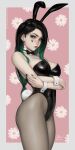  1girl animal_ears artist_name bare_shoulders black_hair black_leotard blue_eyes bow bowtie breasts bunny_tail cross cross_earrings crossed_arms detached_collar earrings eyeshadow facial_mark fake_animal_ears floral_background green_hair highleg highleg_leotard highres jewelry leotard lips looking_at_viewer makeup medium_breasts multicolored_hair original pantyhose playboy_bunny rabbit_ears sciamano240 signature strapless strapless_leotard tail two-tone_hair wrist_cuffs 