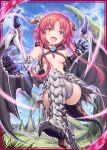  &gt;:p 1girl akkijin aura blue_sky breasts claws demon_girl demon_horns demon_wings dragon_tail elbow_gloves gem gloves horns medium_hair mountain official_art orange_eyes outdoors redhead shinkai_no_valkyrie sky small_breasts tail thigh-highs wings 