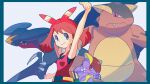  1girl absurdres arm_up armpits bangs bare_arms border bow_hairband brown_hair clenched_hands closed_mouth commentary eyelashes fanny_pack film_grain garchomp gen_1_pokemon gen_4_pokemon grey_eyes hairband highres kangaskhan looking_at_viewer may_(pokemon) pokemon pokemon_(creature) pokemon_(game) pokemon_oras saiku_(zvlku) simple_background sleeveless smile upper_body white_background 