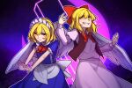  2girls :&lt; angel_wings bangs blonde_hair bow commentary english_commentary evil_grin evil_smile eyebrows_visible_through_hair gengetsu_(touhou) grin hair_between_eyes hair_bow juliet_sleeves long_sleeves looking_at_viewer maid maid_headdress mugetsu_(touhou) multiple_girls outline puffy_short_sleeves puffy_sleeves red_bow short_hair short_sleeves siblings sisters smile speckticuls touhou touhou_(pc-98) v-shaped_eyebrows white_outline wings yellow_eyes 