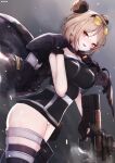  1girl :d artist_name bare_shoulders black_dress black_gloves black_jacket black_legwear blush breasts brown-tinted_eyewear brown_hair bullpup commentary_request commission covered_navel double_bun dress eyewear_on_head girls_frontline gloves gun hand_up highres holding holding_gun holding_weapon jacket jacket_on_shoulders large_breasts looking_at_viewer nekoya_(liu) object_namesake open_mouth p90 p90_(girls_frontline) panties partially_fingerless_gloves red_eyes signature smile solo strapless strapless_dress submachine_gun sunglasses thigh-highs underwear weapon white_panties 