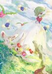  1girl :3 absurdres aomidori_iro bangs blank_eyes blue_sky blurry blurry_foreground bob_cut closed_eyes closed_mouth clouds colored_skin comfey commentary day dress dutch_angle flat_chest floating flower flower_wreath full_body gardevoir gen_2_pokemon gen_3_pokemon gen_5_pokemon gen_7_pokemon grass green_eyes green_hair hair_over_one_eye half-closed_eyes happy highres hoppip jumpluff looking_at_another looking_down mega_gardevoir mega_pokemon minccino open_mouth outdoors pink_flower pokemon pokemon_(creature) red_eyes red_flower running short_hair sky smile solo_focus standing white_dress white_skin yellow_flower 
