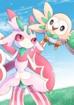  bird clouds commentary_request day eye_contact gen_7_pokemon grass highres looking_at_another lurantis no_humans outdoors owl pokemon pokemon_(creature) rowlet signature sky standing tanpakuroom 