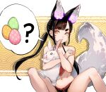  1girl animal animal_ears bangs bare_legs biting black_hair black_shorts chinese_clothes commentary dudou ear_biting easter_egg egg english_commentary fang flower fox_ears fox_girl fox_tail highres holding holding_animal hu-er_(robot_cat) knees_up long_hair looking_at_animal looking_down navel orange_eyes original purple_flower rabbit robot_cat short_shorts shorts sidelocks sitting solo spread_legs stomach tail thick_eyebrows twintails whisker_markings 