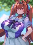  10eki_(tenchou) 1girl absurdres animal_ears bangs blush breasts brown_hair daiwa_scarlet_(umamusume) hair_intakes highres horse_ears horse_girl horse_tail large_breasts long_hair looking_at_viewer open_mouth red_eyes tail tiara twintails umamusume very_long_hair 