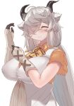  1girl ^_^ adjusting_clothes adjusting_gloves animal_ears bare_arms black_horns breasts buchibussei closed_eyes closed_mouth collared_shirt dress extra_ears facing_viewer gloves grey_horns hair_over_one_eye hands_up highres horns huge_breasts impossible_clothes impossible_dress kemono_friends kemono_friends_3 light_blush long_hair multicolored_horns neck_ribbon ox_ears ox_horns ribbon shirt short_sleeves sidelocks simple_background smile solo upper_body very_long_hair white_background white_hair wing_collar yak_(kemono_friends) yellow_shirt 