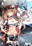  2girls alternate_costume bandeau black_skirt boots breasts brown_eyes car gradient_hair ground_vehicle harusame_(kancolle) highres holding holding_umbrella kantai_collection large_breasts light_brown_hair long_hair miniskirt motor_vehicle multicolored_hair multiple_girls murasame_(kancolle) navel one_eye_closed pink_hair racequeen red_eyes remodel_(kantai_collection) side_ponytail skirt strapless thigh-highs thigh_boots two_side_up umbrella very_long_hair visor_cap yo-suke 