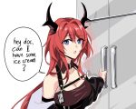  1girl ? arknights blue_eyes english_text horns long_hair meme parody redhead refrigerator solo suprii surtr_(arknights) 