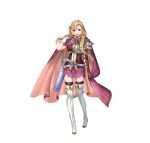  1girl absurdres armor arrow_(projectile) asymmetrical_gloves bangs belt blonde_hair boots braid cape commentary_request elbow_gloves female fire_emblem fire_emblem:_the_blazing_blade fire_emblem_heroes full_body gloves highres holding holding_cape long_hair looking_at_viewer louise_(fire_emblem) miniskirt official_art open_mouth purple_legwear quiver ran&#039;ou_(tamago_no_kimi) shiny shiny_hair shoulder_armor simple_background single_braid single_elbow_glove skirt sleeveless smile solo standing thigh-highs thigh_boots thighhighs_under_boots tied_hair violet_eyes white_background white_footwear zettai_ryouiki 