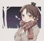  1girl alternate_costume blush breath brown_hair brown_jacket hair_ribbon hands_together highres jacket jewelry kantai_collection looking_at_viewer open_mouth ponytail red_scarf ribbon ring scarf shikinami_(kancolle) simple_background solo tori_knkr upper_body wedding_band yellow_eyes 