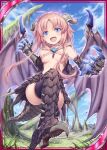  &gt;:p 1girl akkijin aura blue_eyes blue_sky breasts claws demon_girl demon_horns demon_wings dragon_tail elbow_gloves gem gloves horns medium_hair mountain official_art outdoors pink_hair shinkai_no_valkyrie sky small_breasts tail thigh-highs wings 